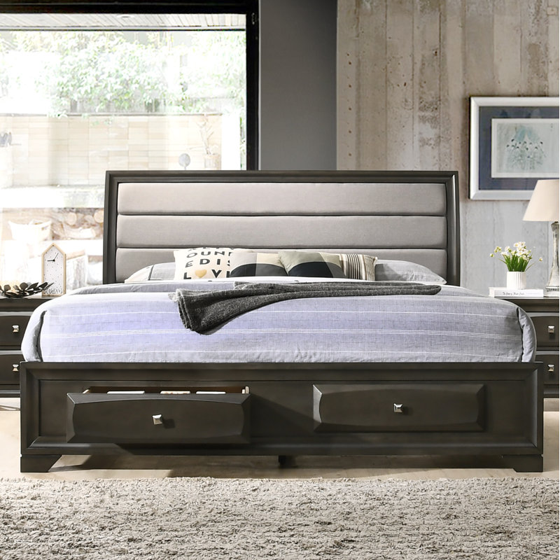 Winston Porter Asger Antique Grey Finish King Size Storage Platform Bed With Fabric Upholstery Headboard Reviews