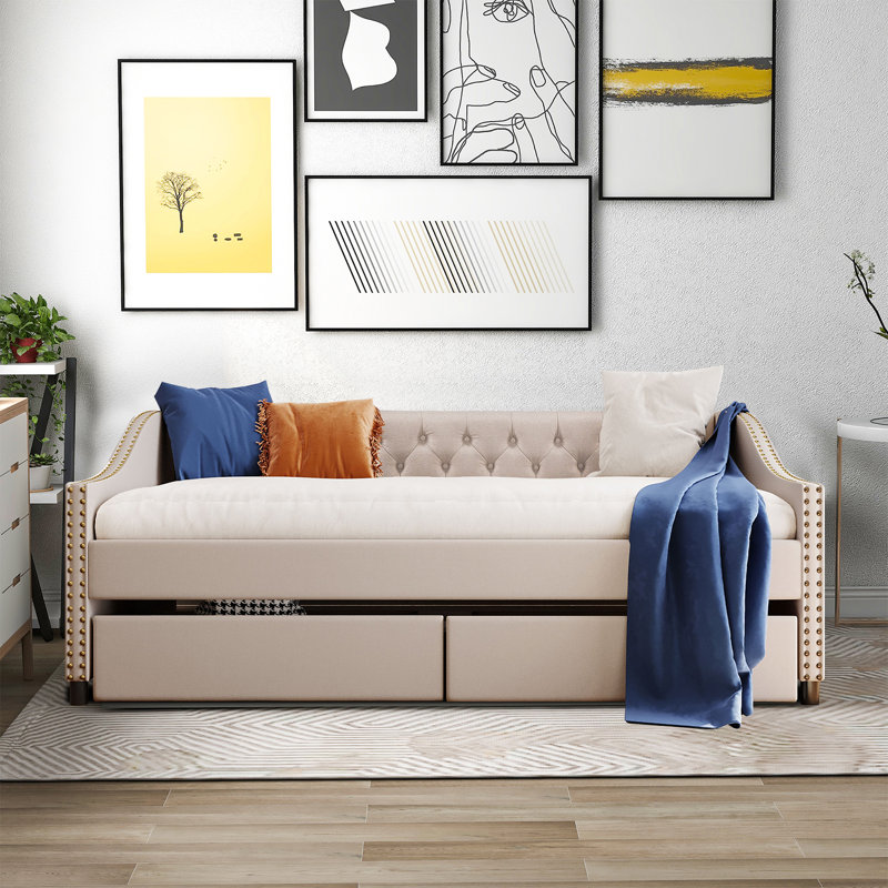 incomplete Karl Modern Elegant Full Size Upholstered Daybed with Two Underbed Drawers Color: Beige