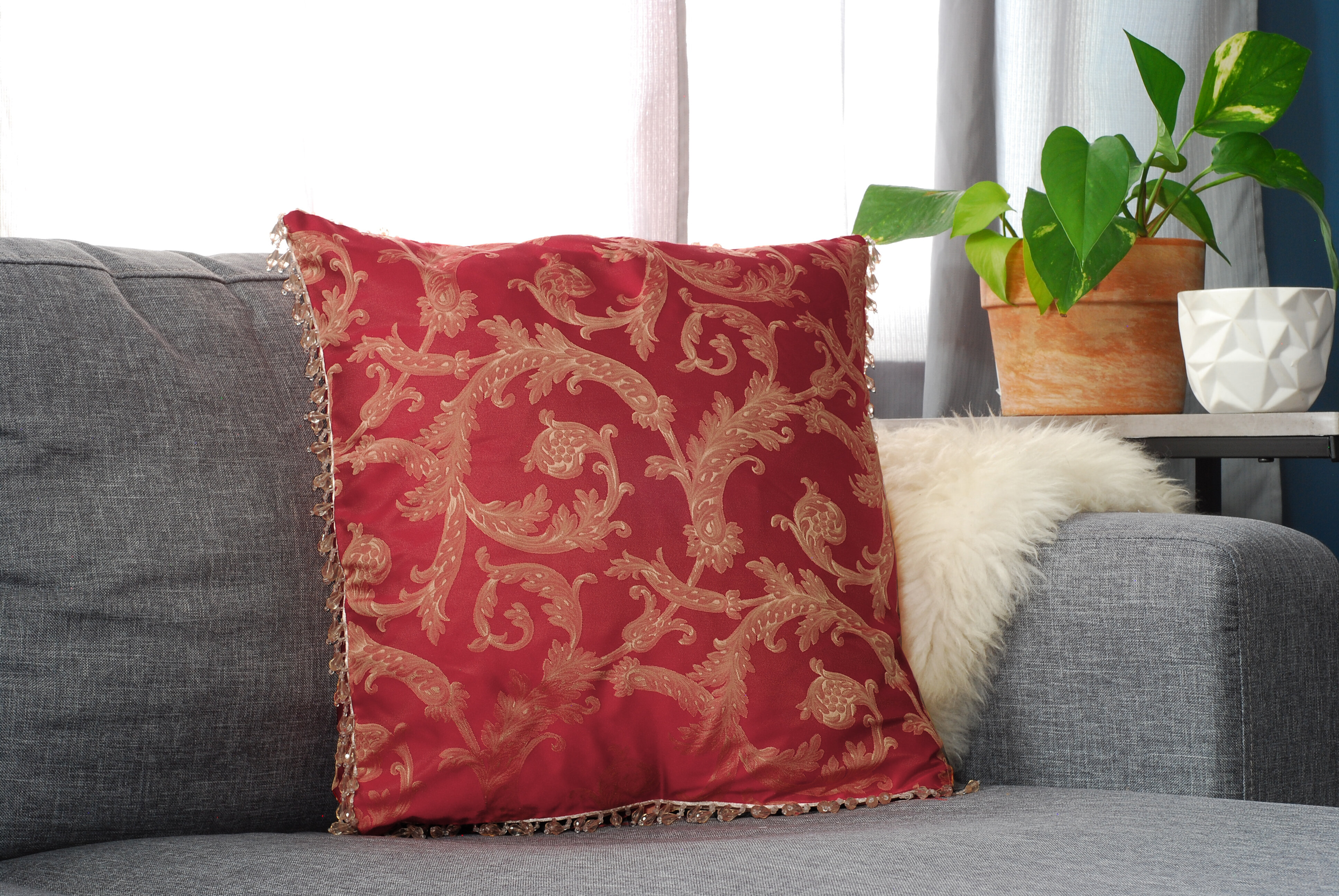 red and gold leaf floral chenille decorative throw pillow with fringe for couch