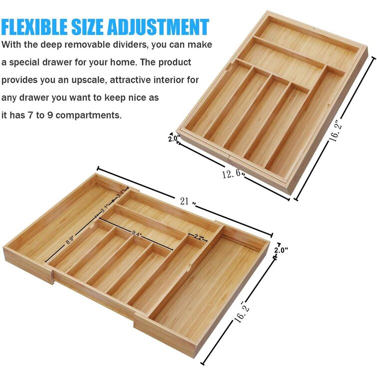 Living Bamboo Kitchen Drawer Organizer Adjustable to 9 Compartments for Office