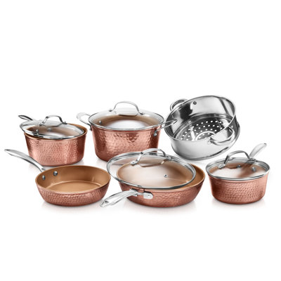 Gotham Steel Hammered Copper 10 Piece Nonstick Cookware Set, Stay Cool Handles, Oven & Dishwasher Safe