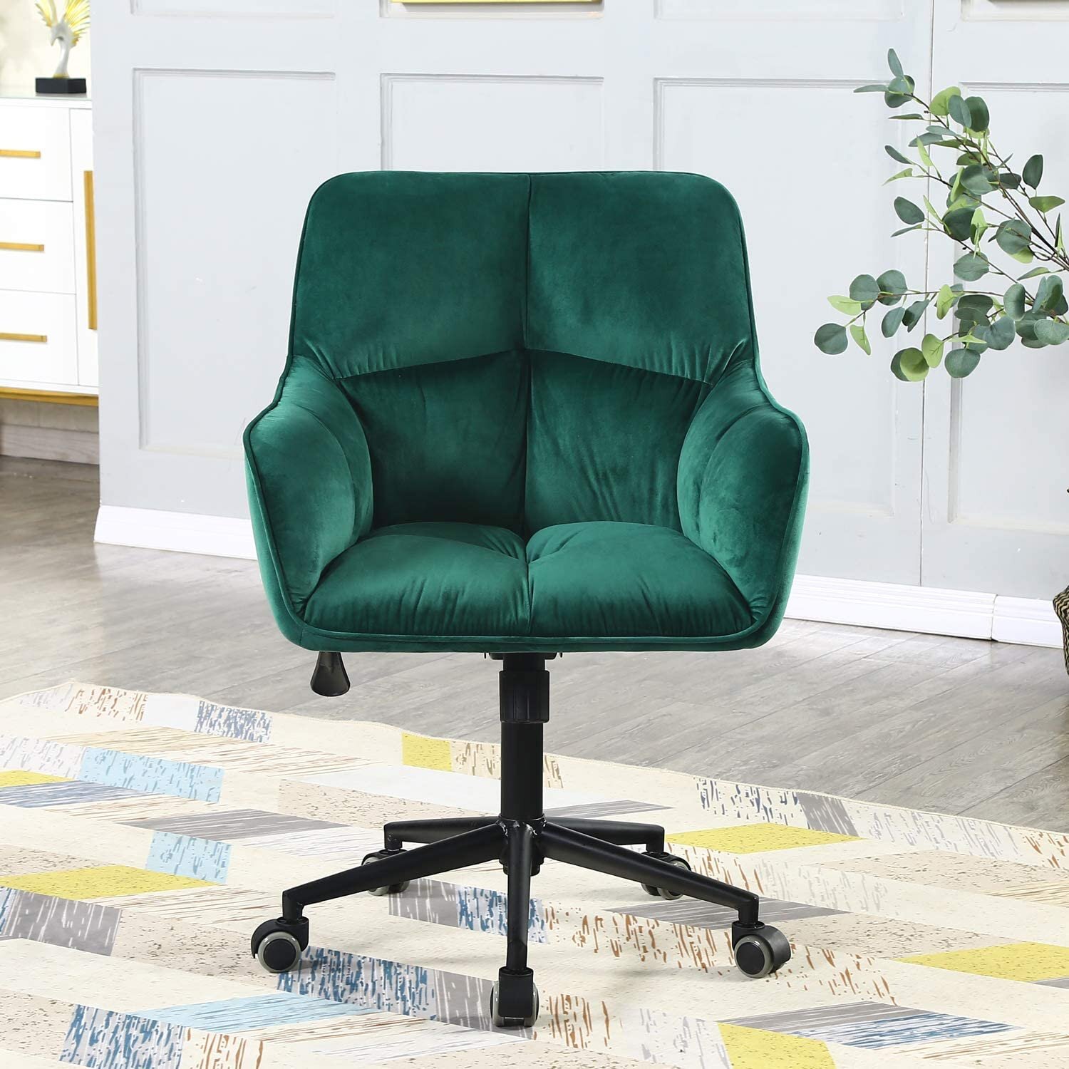 Desk Chair Modern Simple Mid-Back Velvet Upholstered Swivel Home Office Chair with Arms and Adjustable Height for Small Spaces Home Office Living Room Bedroom Green