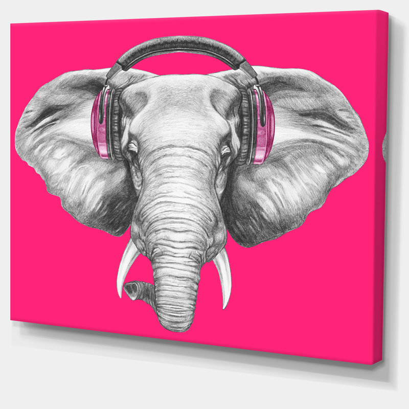 Designart Elephant With Headphones Graphic Art On Wrapped Canvas