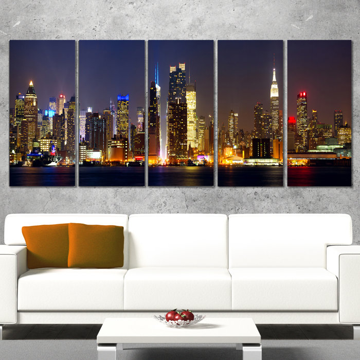 New York Skyline At Night 5 Piece Wall Art On Wrapped Canvas Set