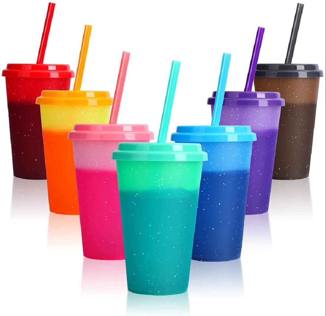 Color Changing Reusable Cold Cups w Lids & Straws BPA FREE Set of 5 24oz Tumbler 