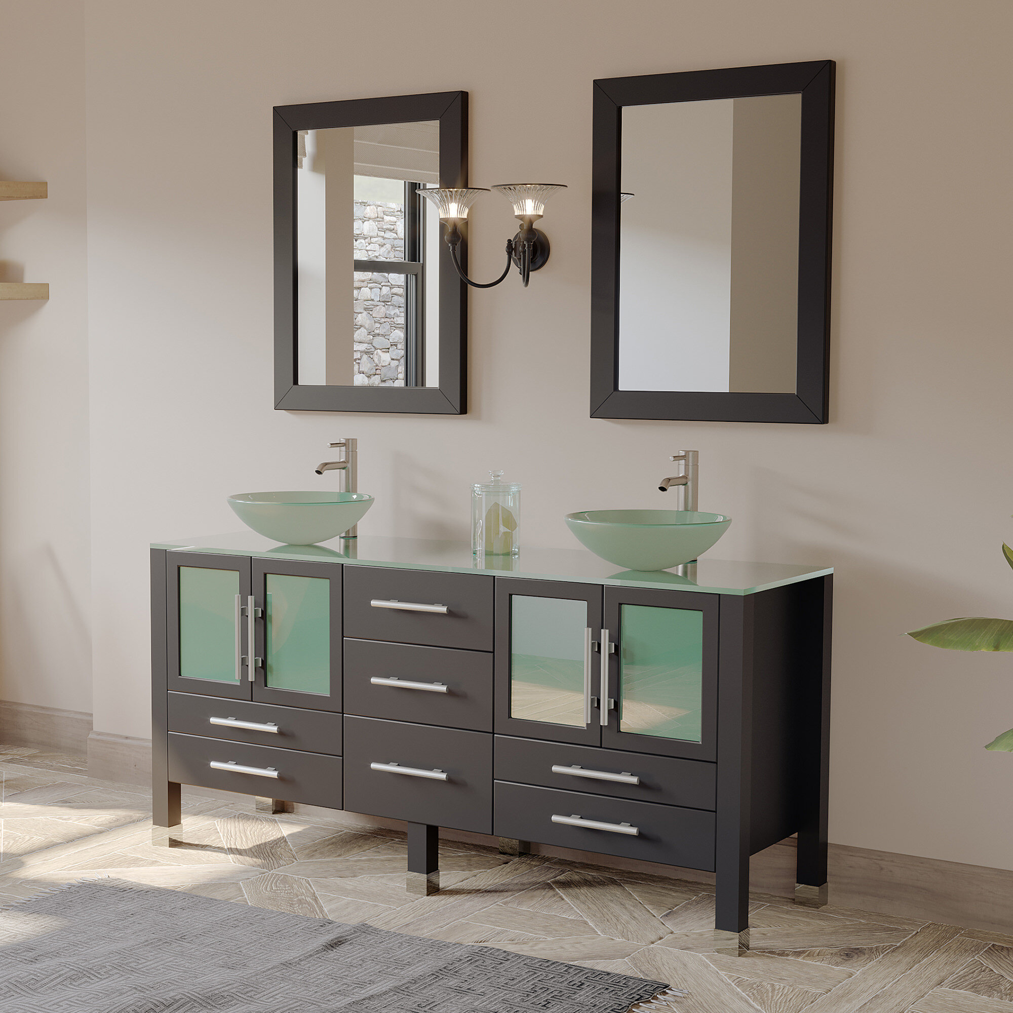 Meserve Solid Wood And Glass Vessel 64 Double Bathroom Vanity Set With Mirror