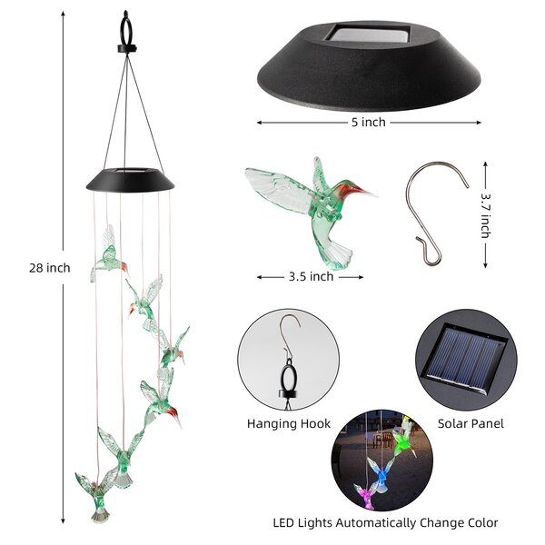 Arlmont & Co. LED Solar Hummingbird Wind Chime, Changing Color ...