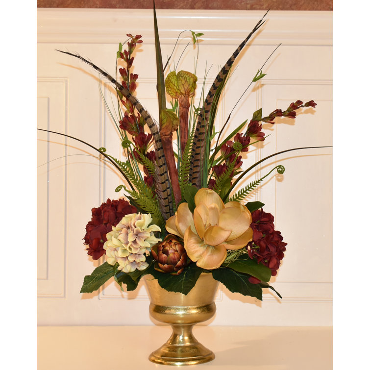 Floral Home Decor Elegant Magnolia And Hydrangea Floral Arrangement In Gold Urn Wayfair