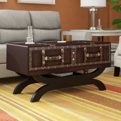 Urbana Dark Brown Faux Leather Vintage Faux Leather 2 Drawer Living Room Coffee Table with Curved Stand and Buckle Accents, 40" x 19" x 21"