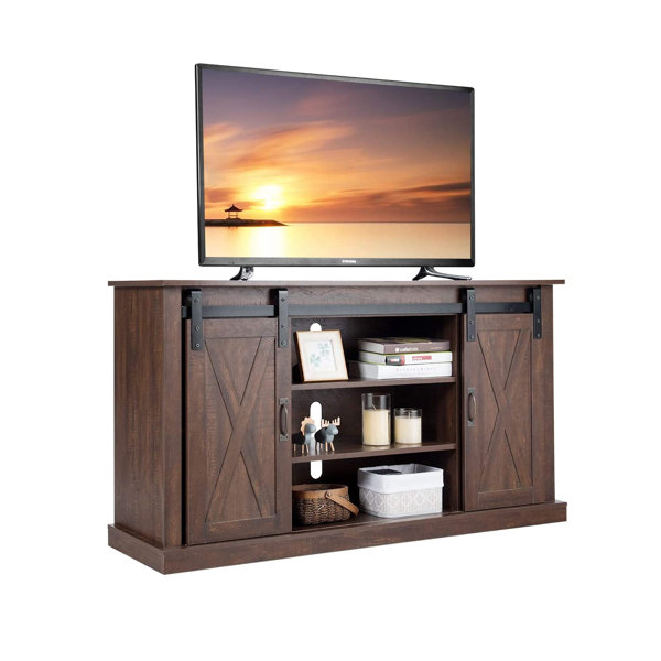 Gracie Oaks 54 Inch Farmhouse Barn Door TV Stand, Rustic Wooden TV Cabinet For Tvs Up To 60 ...