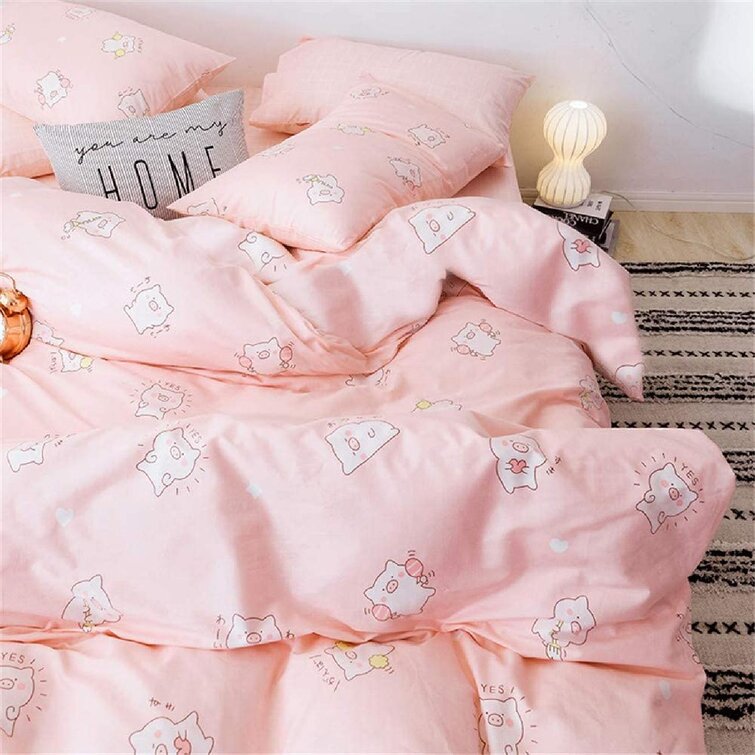 BHUSB 3 Piece Full Bedding Sets Pink Pig Print Kids Queen Duvet Cover Set for Girls Women Soft Cotton Cartoon Comforter Covers for Bedding Collection Full Zipper Closure 