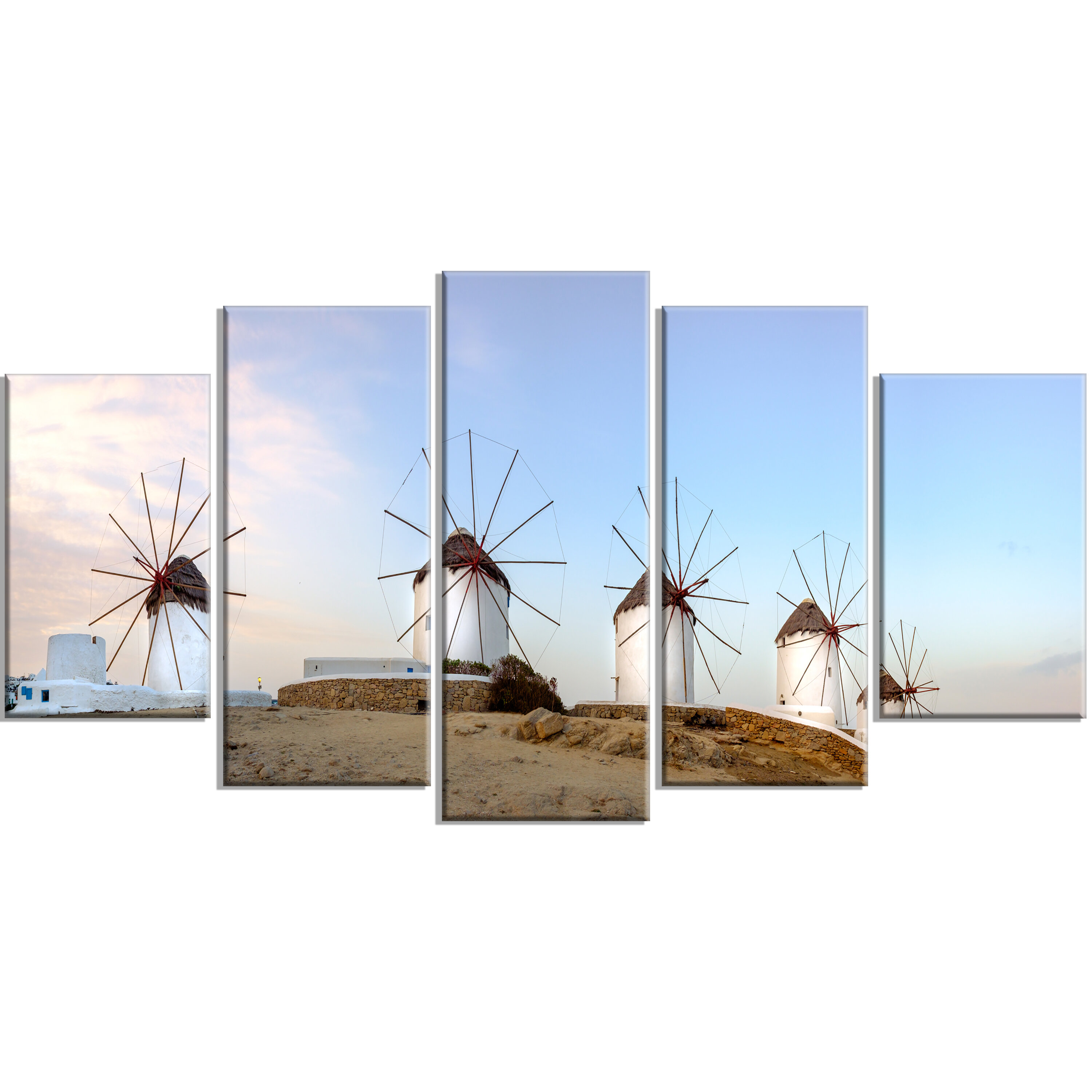 Designart Traditional Greek Windmills Panorama 5 Piece Wall Art On Wrapped Canvas Set Wayfair