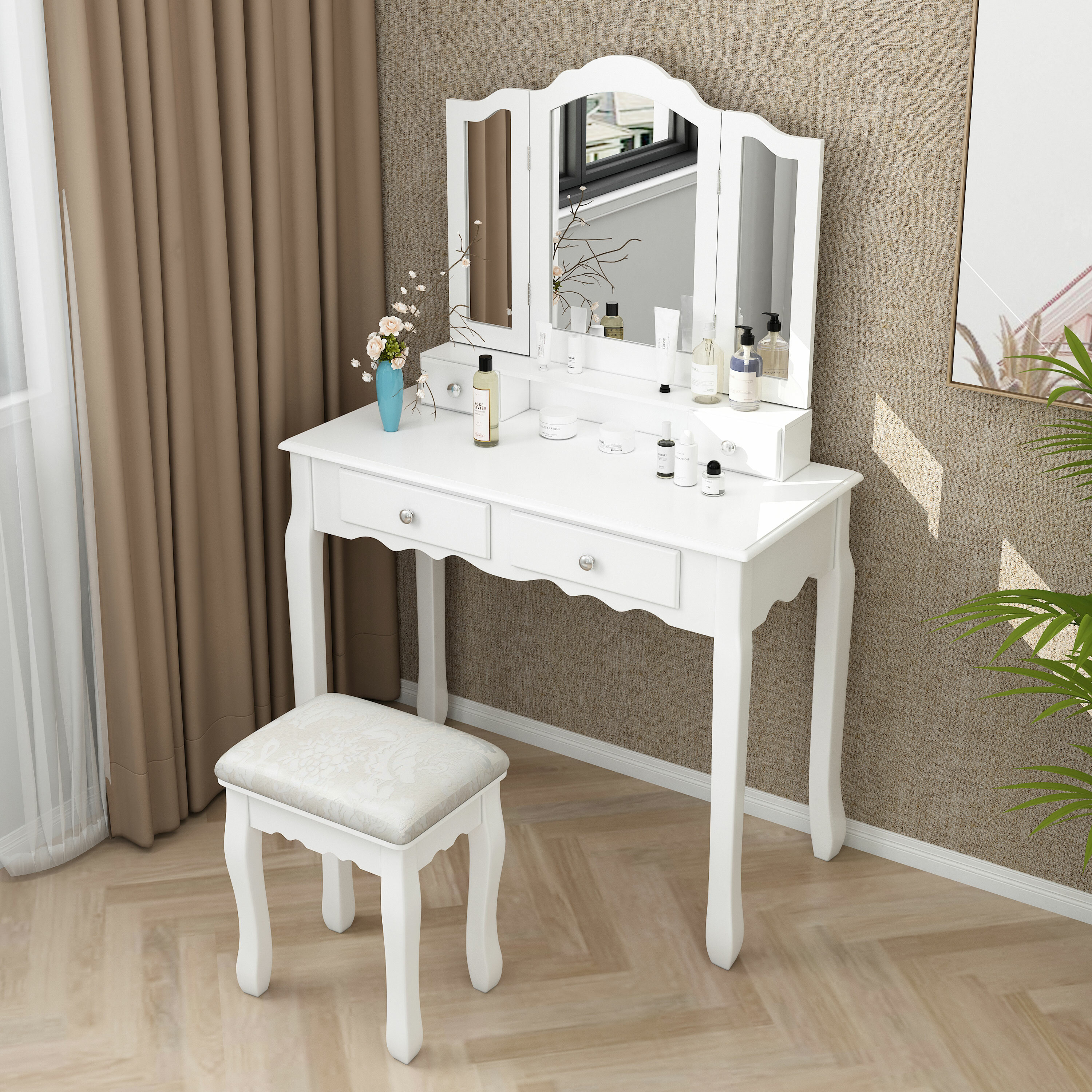 House Of Hampton Rippeon Makeup Vanity Set With Stool And Mirror
