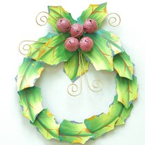 Details about  / Metal Bell Wreath Red Green Gold Bells Holly Leaves Plastic Balls 11/"