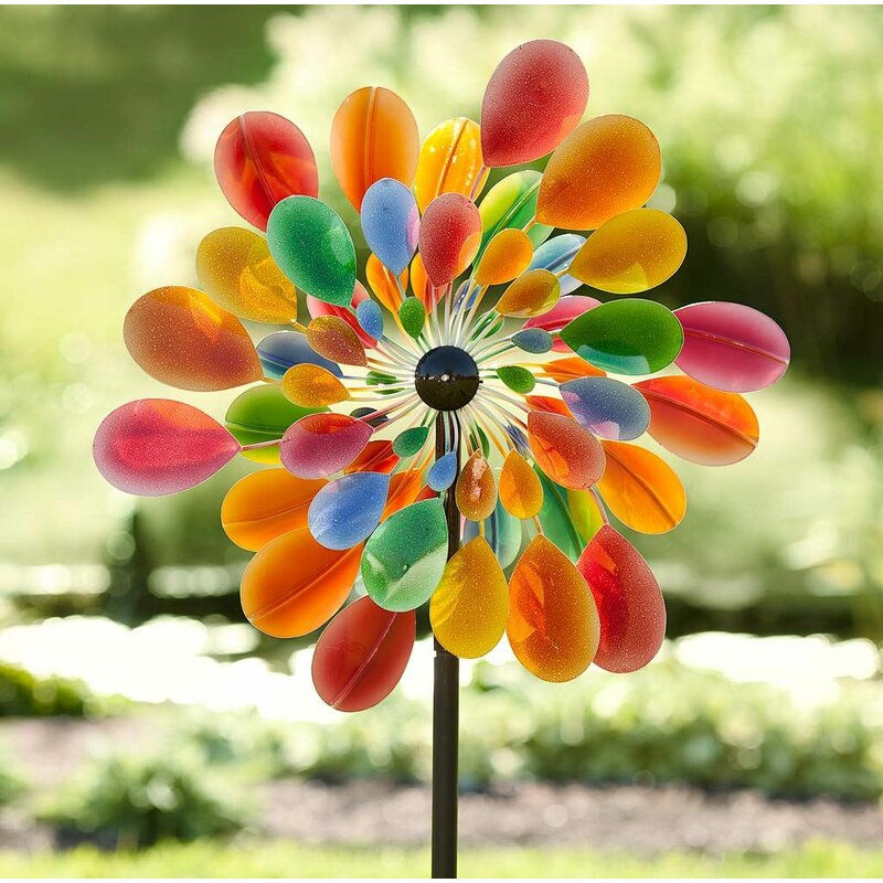 Colorful Flower Spinner for your Yard and Garden In the Breeze Spectrum Double Windee Wheelz Ground Stake Included 
