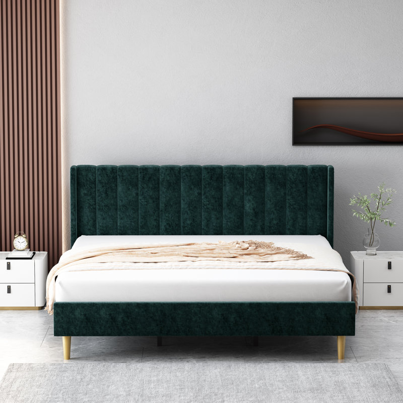 (Incomplete) Deeb Luxury Corduroy Upholstered Platform Bed Frame - Modern Wingback Design,No Box Spring Needed, Noise-Free Color: Dark green, Size: Queen