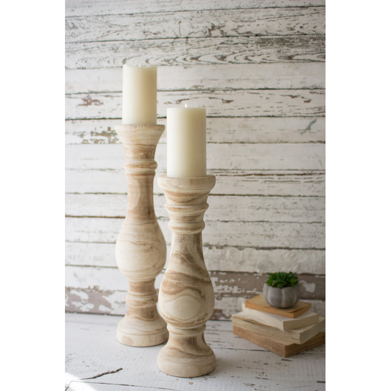 Gracie Oaks 2 Piece Hand Carved Tall Wood Candlestick Set Reviews Wayfair
