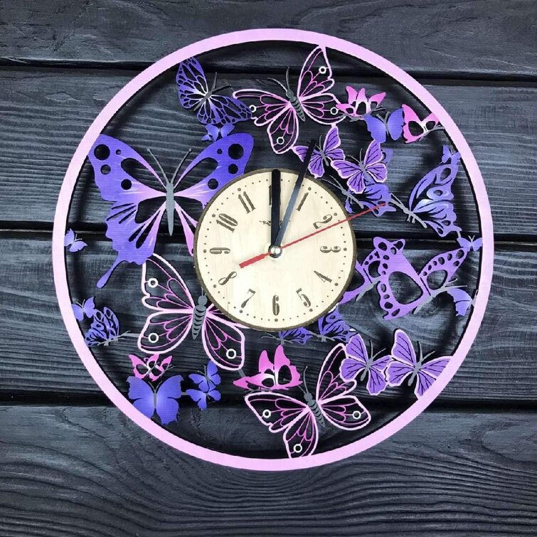 DesignQ 'Watercolor Pink Roses' Mid-Century Modern Wood Wall Clock