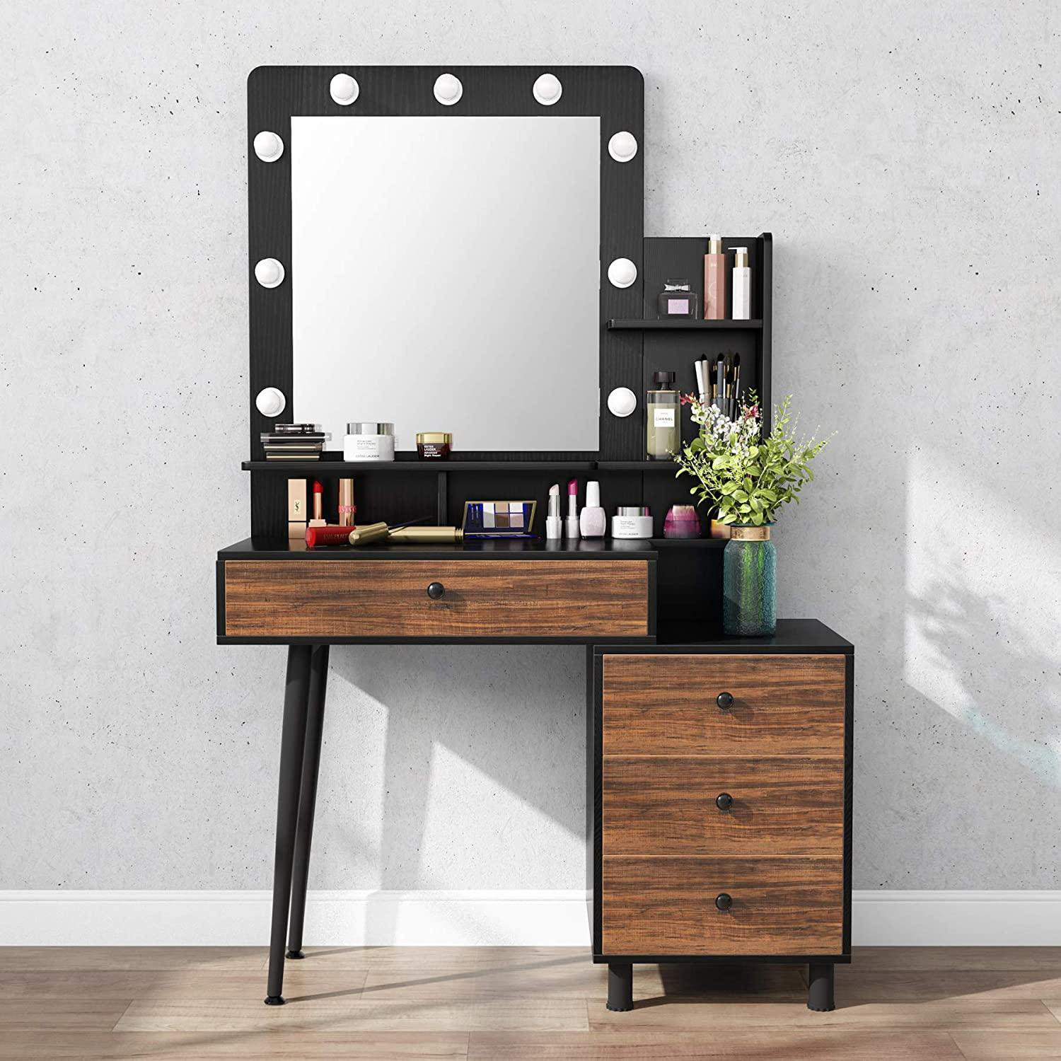 Corrigan Studio Vintage Vanity Table With Lighted Mirror Vintage Makeup Dressing Table With Large Drawer And 3 Drawer Chest Dresser Table For Women Wayfair