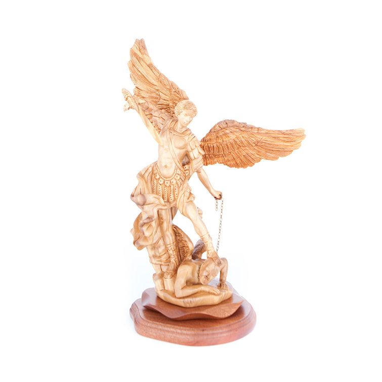 Olive wood Religious Crafts Saint Michael Wooden Hand Carved Statue
