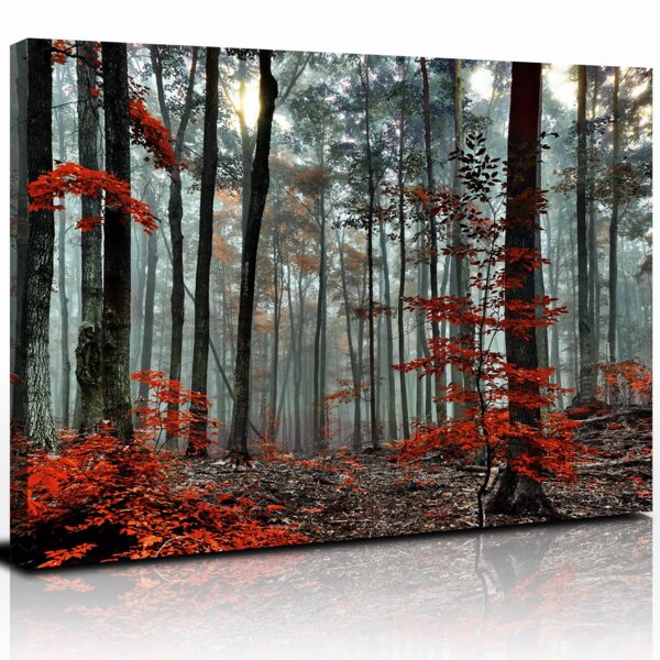 Red & Gold Forest Landscape A0 A1 and more Canvas Wall Art Picture Print 