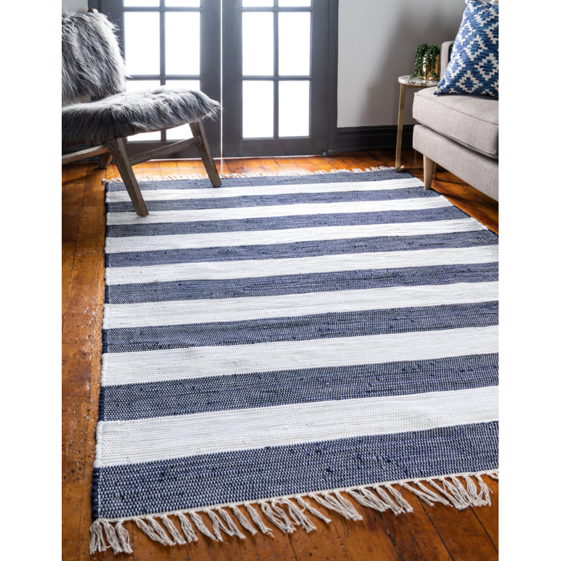 Breakwater Bay Priolo Striped Hand Knotted Cotton Navy Blue Area Rug Reviews Wayfair