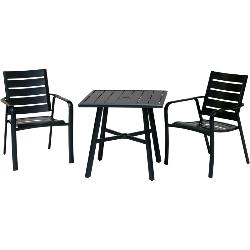 Gracie Oaks Colson 3 Piece Commercial Grade Bistro Set With 2 Aluminum Slat Back Dining Chairs And A 30 Slat Top Table Wayfair