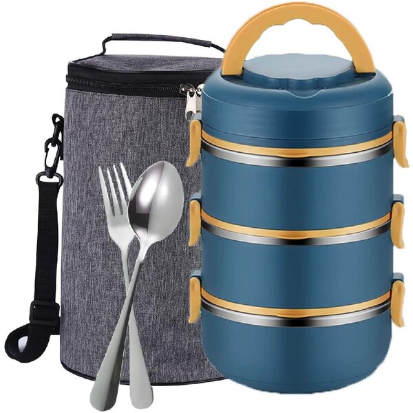 Fork/Spoon Bento Lunch Box Stackable Stainless Steel Thermos Leakproof 3 Layer