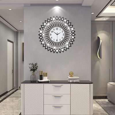 24 Inches Home Decoration Big Black Crystal Wall Clocks Battery Operated Non Ticking Quartz
