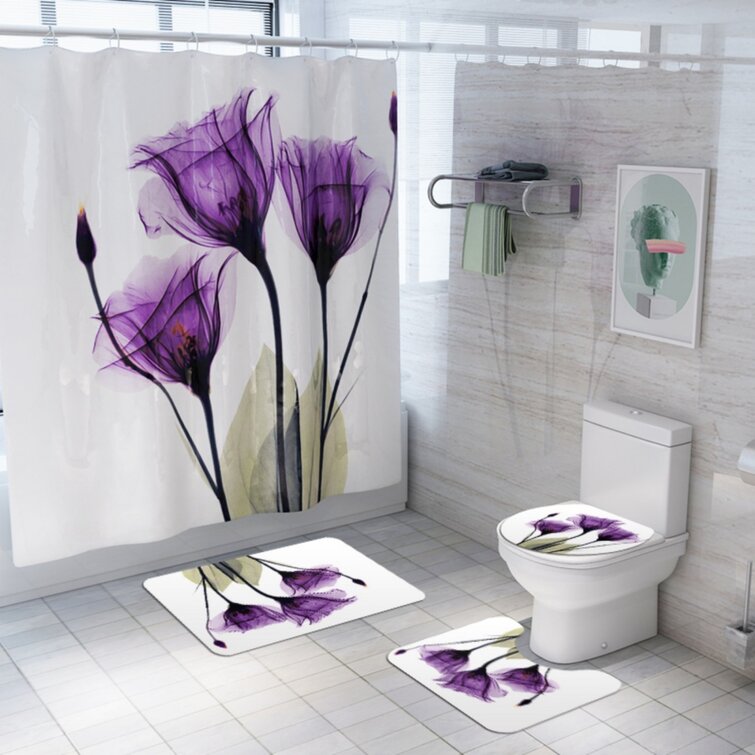 Butterfly Rose Shower Curtain Anti-slip Bath Rug Mat Toilet Seat Lid Covers Sets 