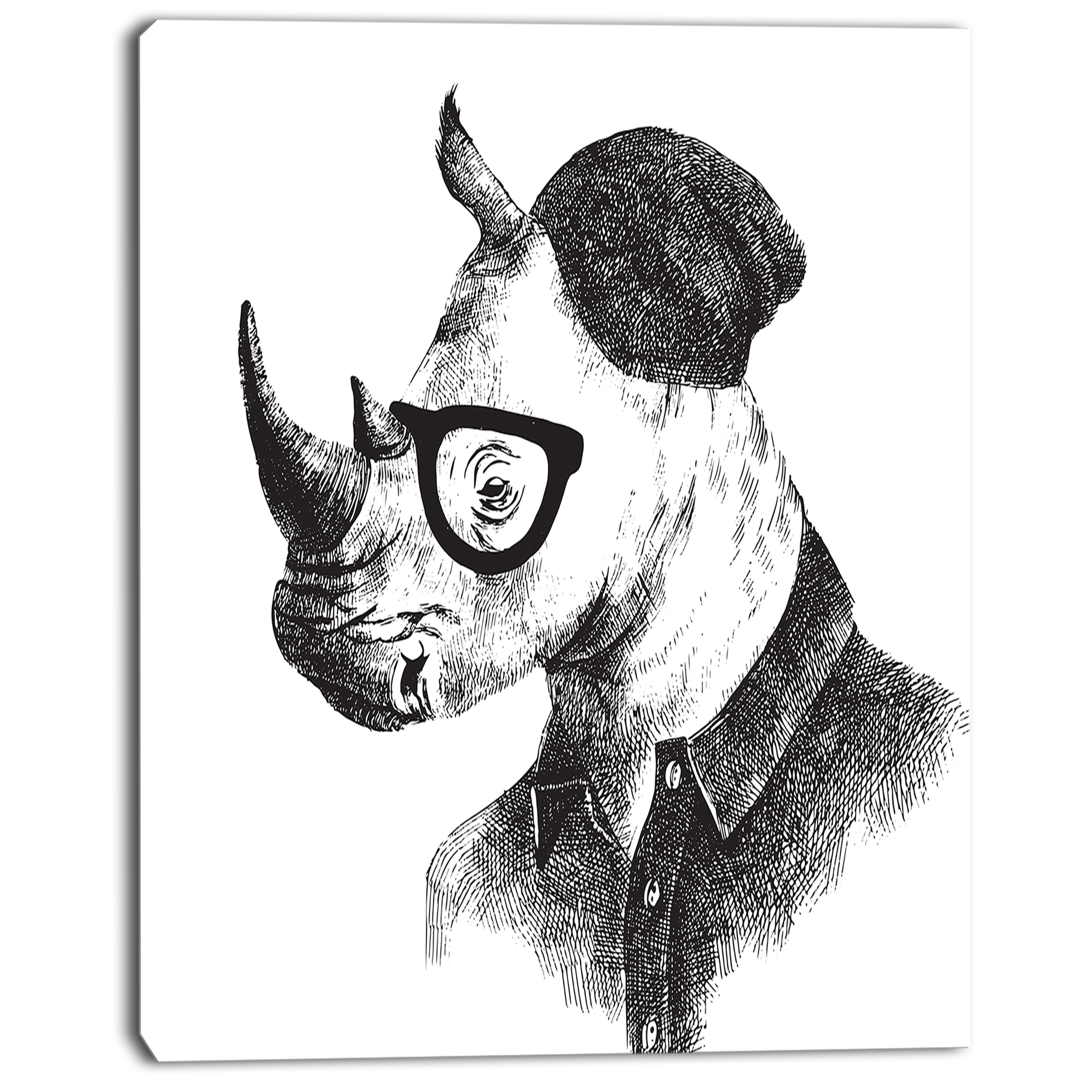 Designart Hipster Rhino In Black And White Painting Print On Wrapped Canvas