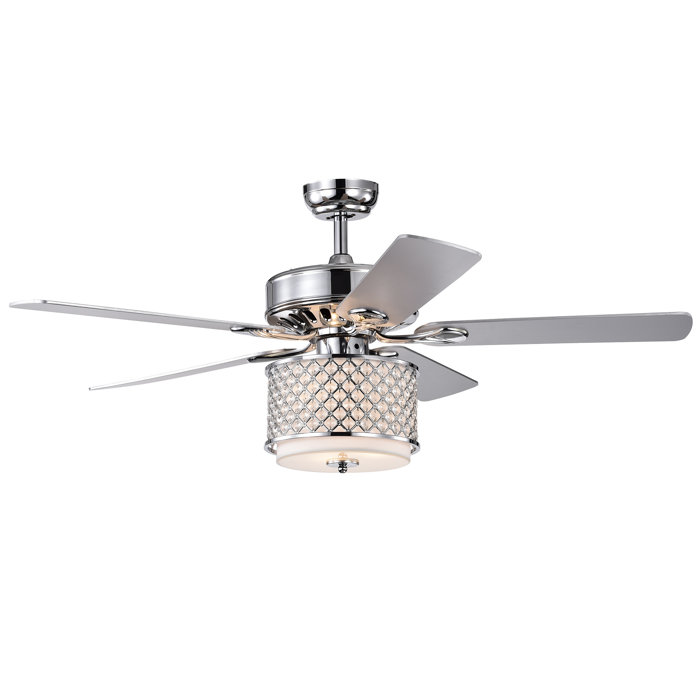 Matheson Chrome 52 Inch 5 Blade Lighted Ceiling Fan With Glass Crystal Shade Incl Remote 2 Colour Option Fan Blades