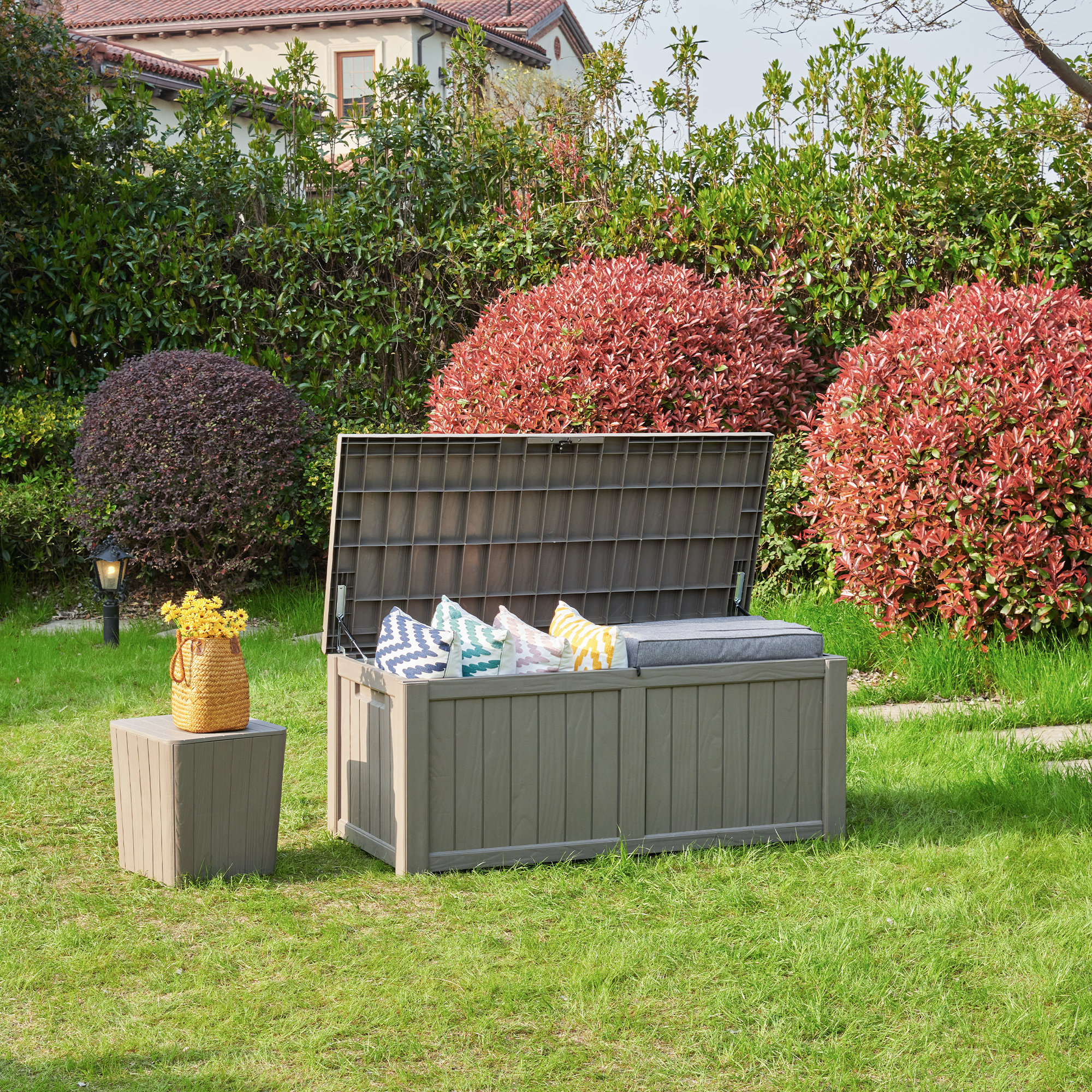 Grey Outdoor Garden Deck Box With Handles SUNCROWN Weather Resistant Resin Patio Storage Container 