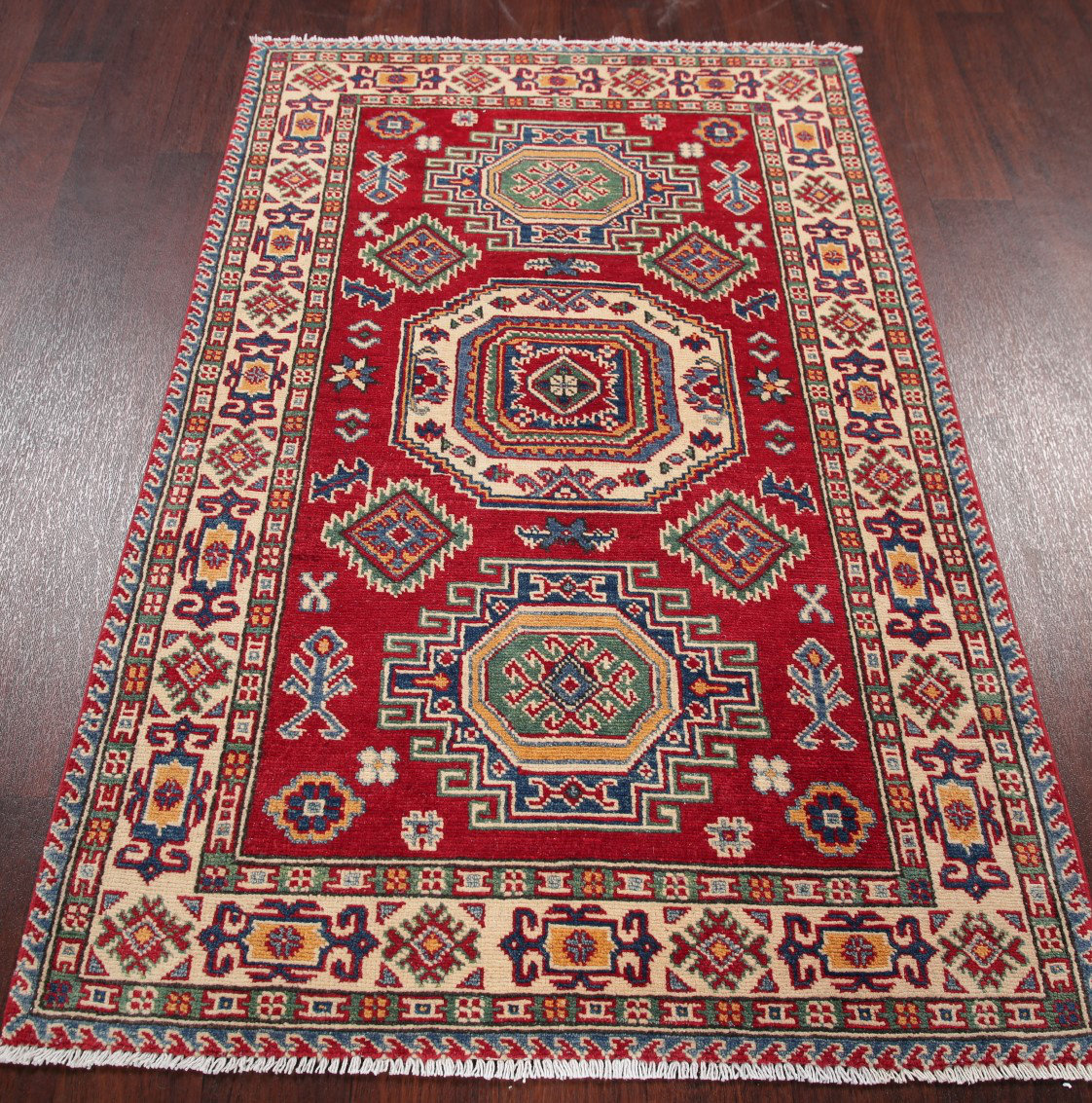 Rugsource One Of A Kind Hand Knotted 2010s Kazak Red Beige 3 X Hand Knotted 2010s Kazak Red Beige