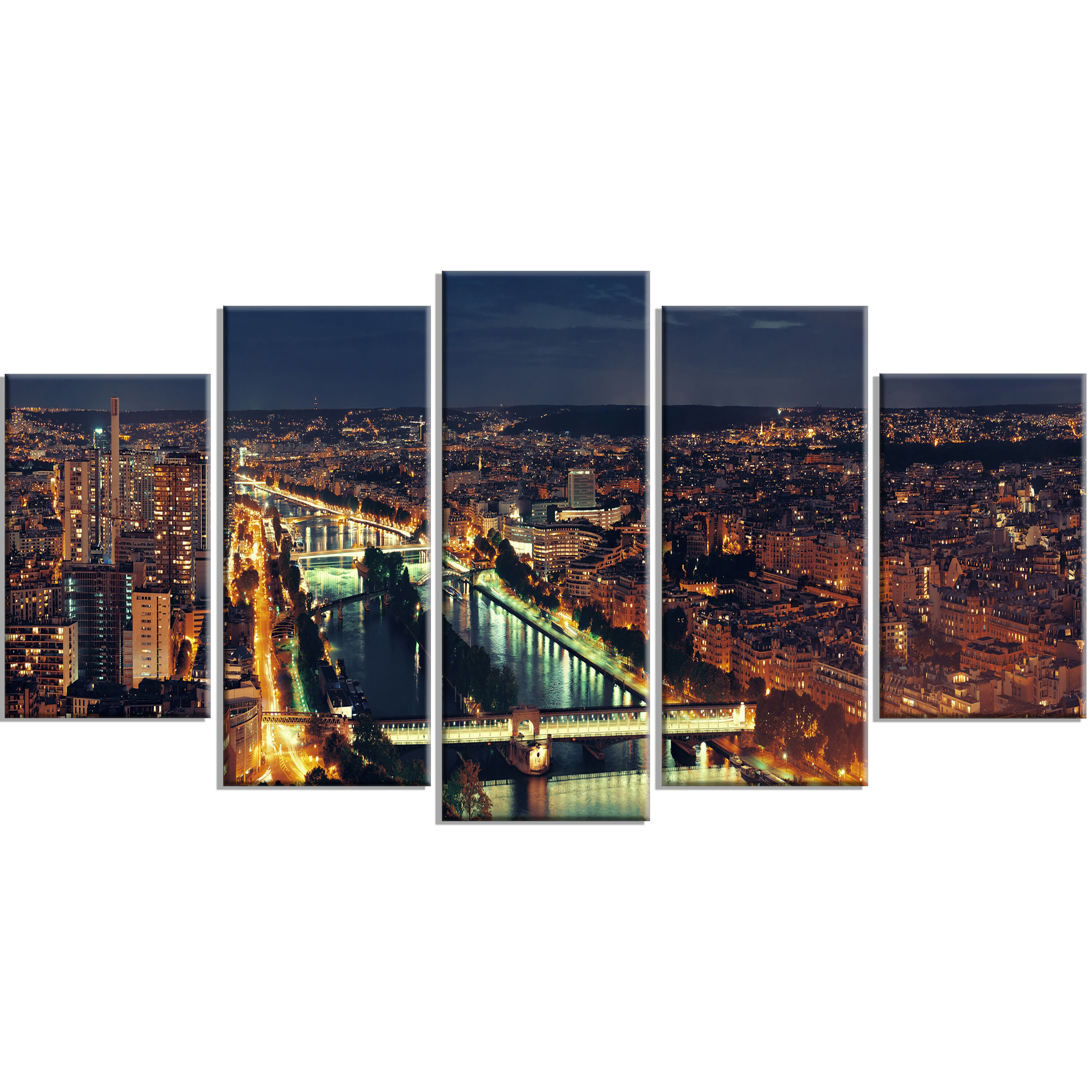 Designart Paris City Night Skyline 5 Piece Wall Art On Wrapped