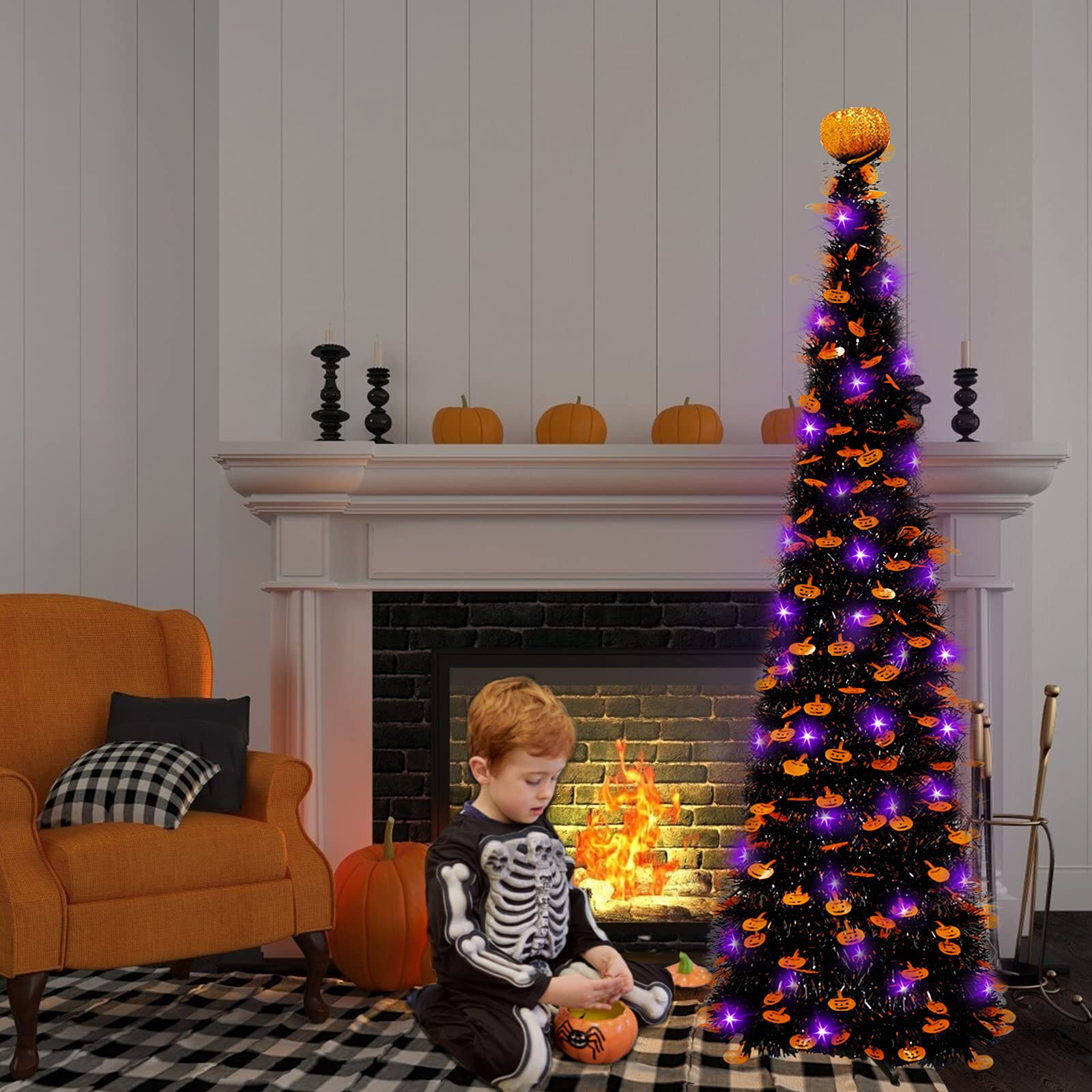 LED Christmas Curtain Lights,LED Ceramics Halloween Pumpkin Christmas Tree,Hand-Painted Black Christmas Tree for Always Illuminated Holidays