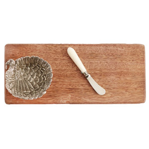 Thanksgiving Turkey Dip Bowl and Wood Serving 2 Piece Cheese Board Set