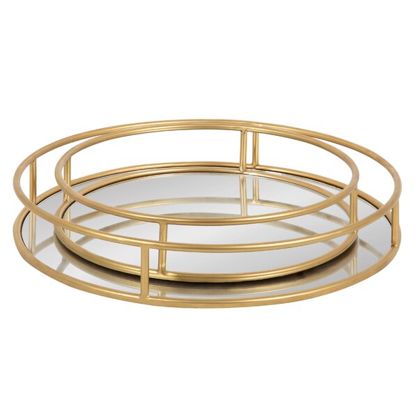 38 cm Contemporary Round Gold Mirrored Tray Metal Plate  Wedding Centerpiece New 