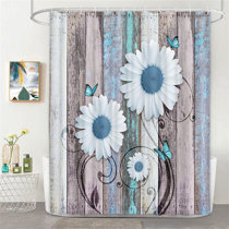 Heart Daisy Flower Blue Rustic Wood Planks Waterproof Fabric Shower Curtain 72" 