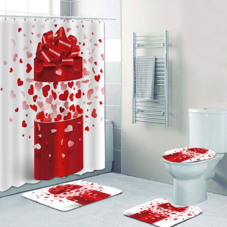 Bathroom Shower Curtain+Non-slip Bath Mat Pedestal Toilet Seat Cover Lid Rug Set 