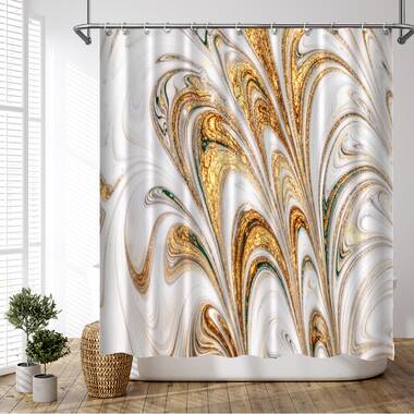 Shower Curtain Set Bathroom Waterproof Fabric Hooks Antique Paper Swirl Design 