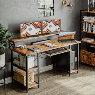 ELEGANT 55" Computer Desk with Bookshelf/Metal Desk Oak Brown+Black Frame 