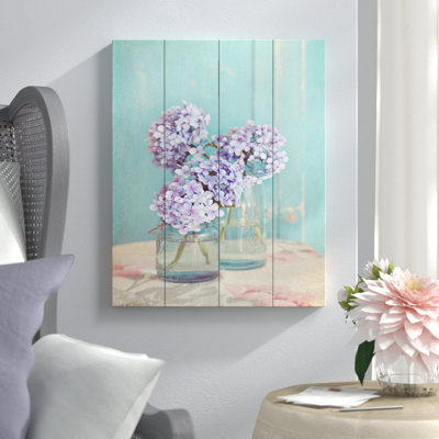 'Hydrangeas in MasOn Jars' Photographic Print on Wood Lark Manor Size: 20" H x 16" W x 1" D