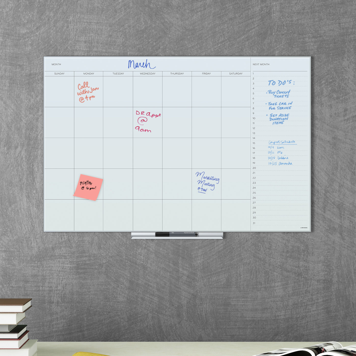U Brands Floating Dry Erase White Frosted Surface Frameles Wall Mounted