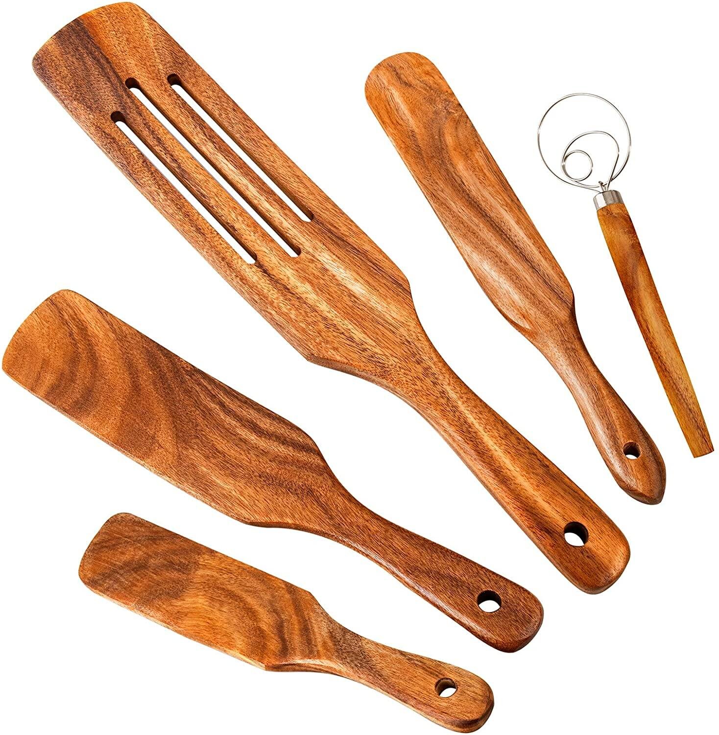 Wooden Spurtles Set Spatula Set,5Pcs Spurtles Kitchen Tools Non Scratch Natural Teak Slotted Stirring Spatula,Baking,Whisking,Smashing,Scooping,Spreading,Measuring Spoons.