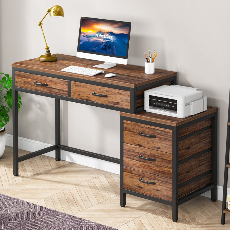 51''W Reversible Desk with Drawers Color: Brown/Black