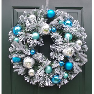 Christmas Wreath White Twisted Tinsel with Blue White Glass Balls and Bird 12" 
