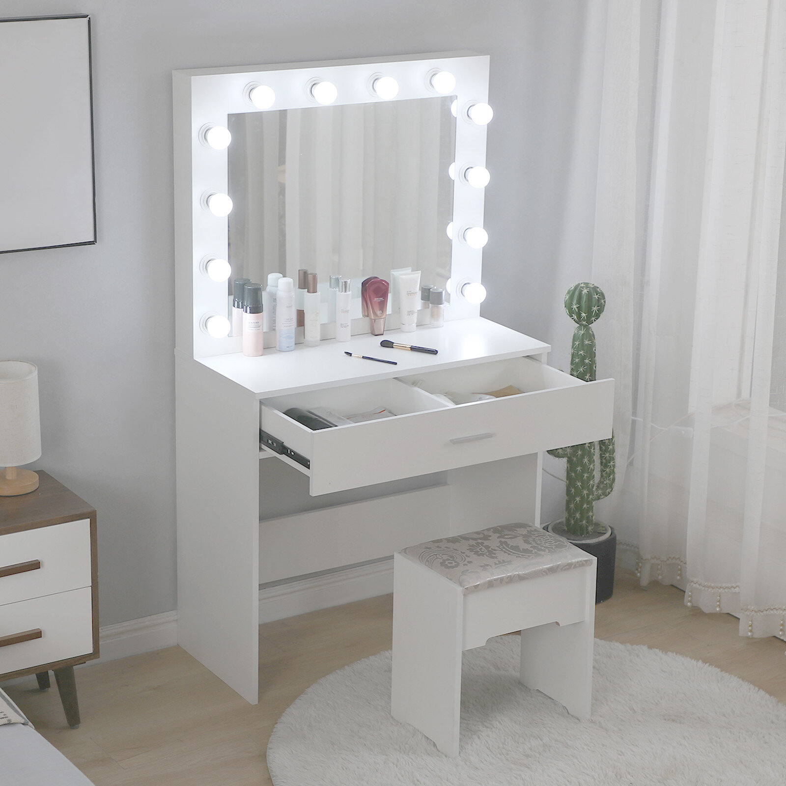 Latitude Run Vanity Set With Lighted Mirror Cushioned Stool Dressing Table Makeup Table Wayfair
