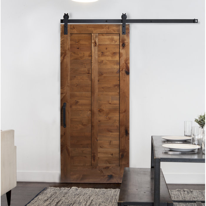 Paneled Wood Finish Plantation Barn Door With Installation Hardware Kit