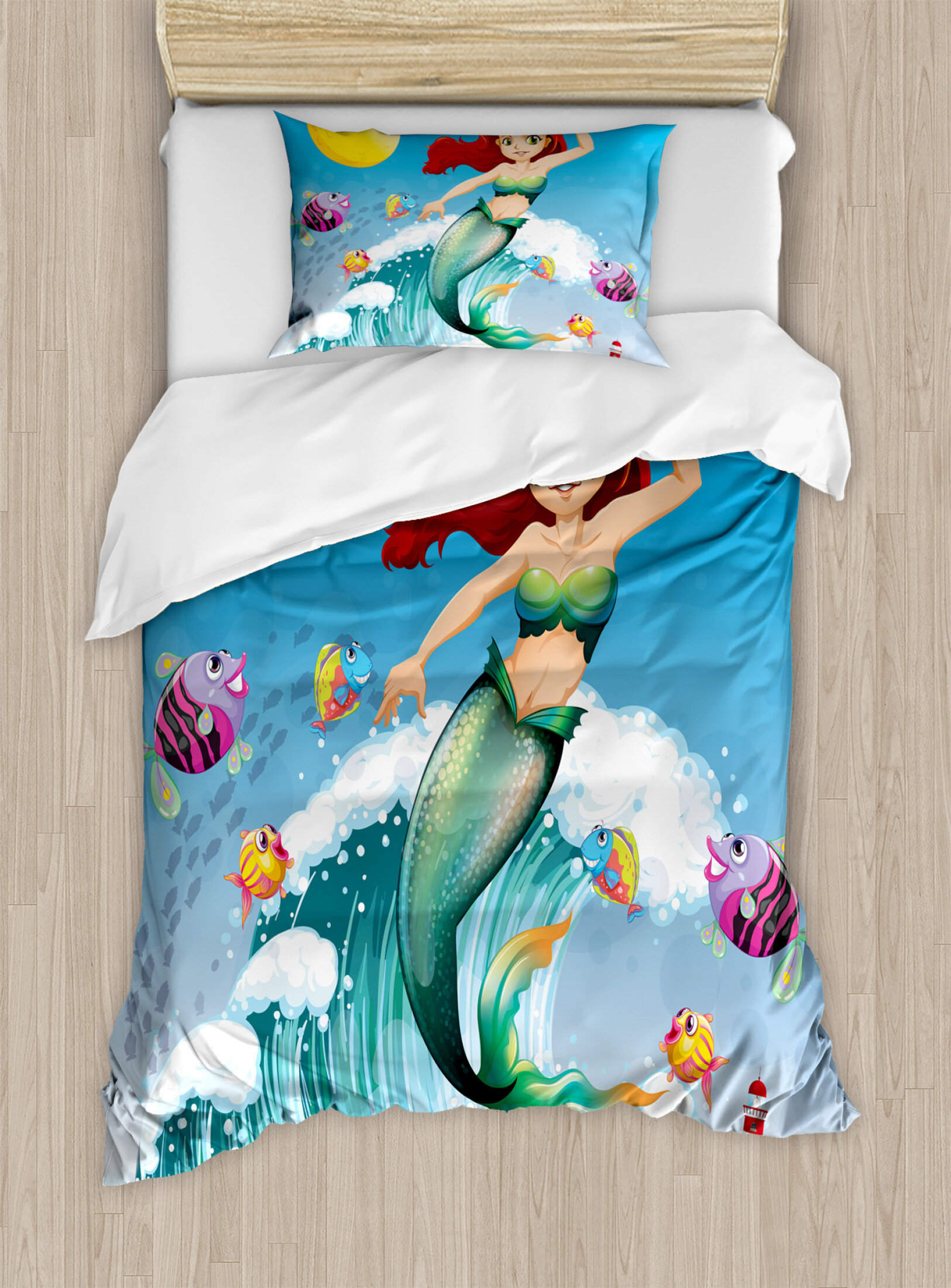 Twin Size Soft Comfortable Top Sheet Decorative Bedding 1 Piece Multicolor Illustration Little Girl on top of a Big Wave in The Surf Fish Kids Ambesonne Mermaid Flat Sheet